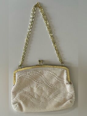 VTG Pearl Beaded Evening Bag Handbag Cream Gold